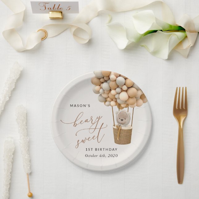 Cute Bear, Beige Balloons, First Birthday Paper Plates (Wedding)