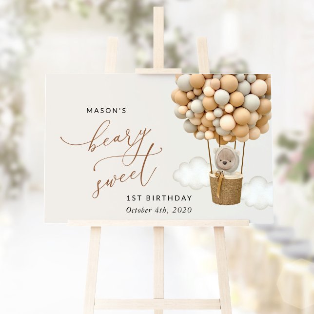 Cute Bear, Beige Balloons, First Birthday Welcome Sign (Creator Uploaded)