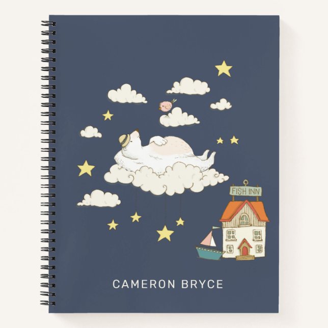 Cute Bear Bird Illustration Whimsical Custom Name Notebook (Front)
