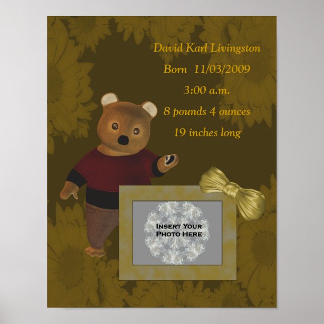 Cute Bear Birth Announcement Photo Poster (Front)