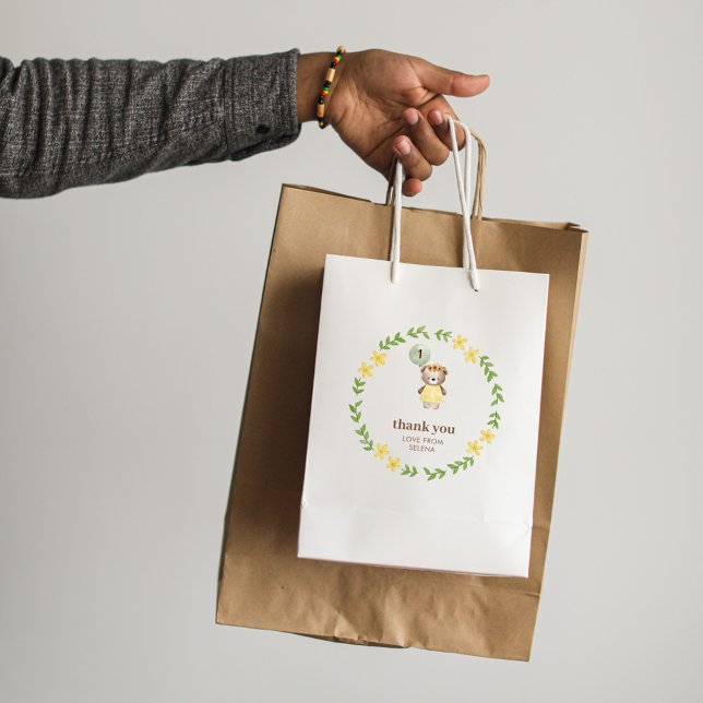 Cute Bear Birthday Medium Gift Bag (Bear 1st Birthday Paper Bag)