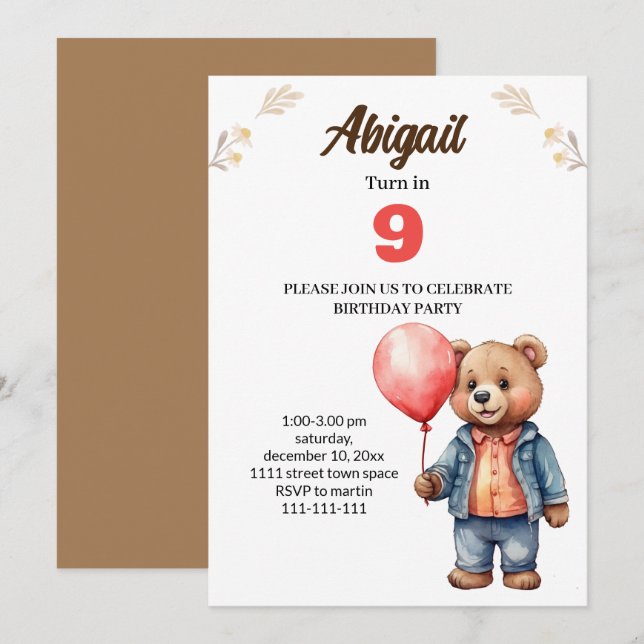 cute bear birthday party invitation card (Front/Back)