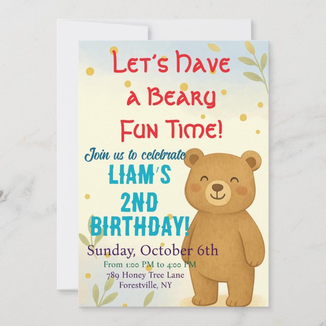 Cute Bear Birthday Party Invitation for Kids  (Front)