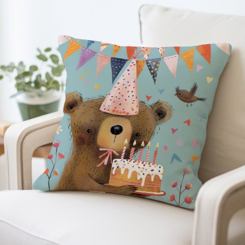 Cute Bear Birthday Pillow Birthday Party Theme Throw Pillow