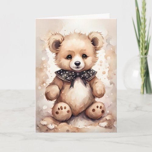 Cute Bear Black and White Polka Dots Collar Blank Card