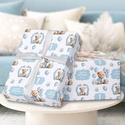 Cute Bear Blue 1st Birthday Name Wrapping Paper