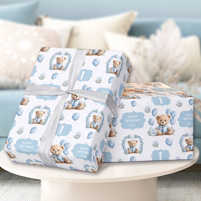 Cute Bear Blue 1st Birthday Name Wrapping Paper (Cute Bear Blue 1st Birthday Name Wrapping Paper)