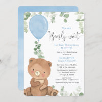 Cute bear blue balloon greenery boy baby shower invitation
