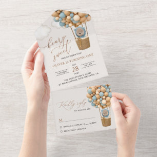 Cute Bear, Blue Balloons, First Birthday All In One Invitation