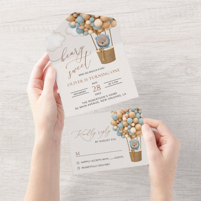 Cute Bear, Blue Balloons, First Birthday All In One Invitation (Tearaway)