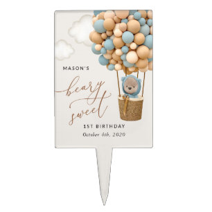 Cute Bear, Blue Balloons, First Birthday Cake Topper