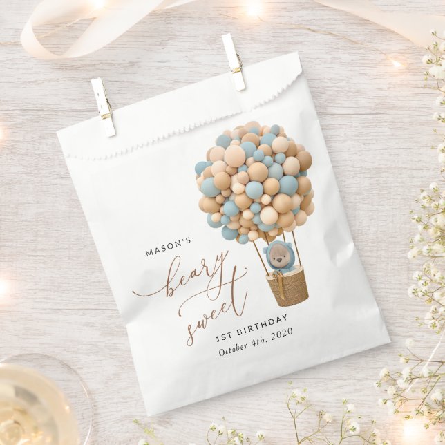 Cute Bear, Blue Balloons, First Birthday Favor Bag (Clipped)