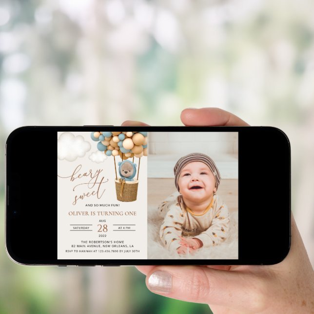 Cute Bear, Blue Balloons, First Birthday Invitation (Front Digital)