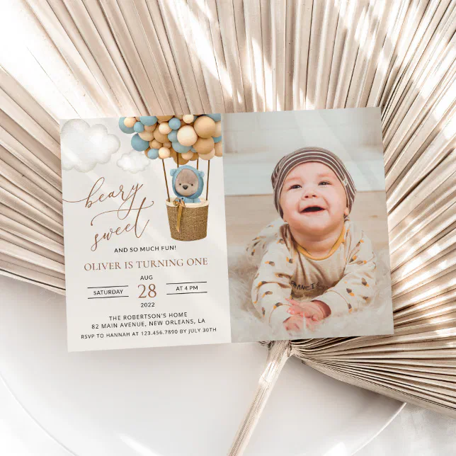 Cute Bear, Blue Balloons, First Birthday Invitation | Zazzle