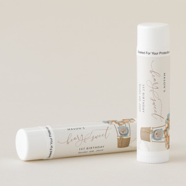 Cute Bear, Blue Balloons, First Birthday Lip Balm (Front)