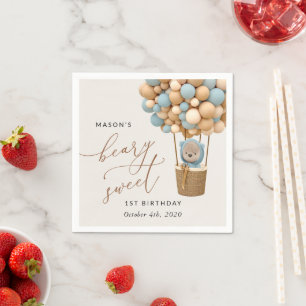 Cute Bear, Blue Balloons, First Birthday Napkins