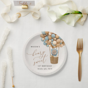Cute Bear, Blue Balloons, First Birthday Paper Plates