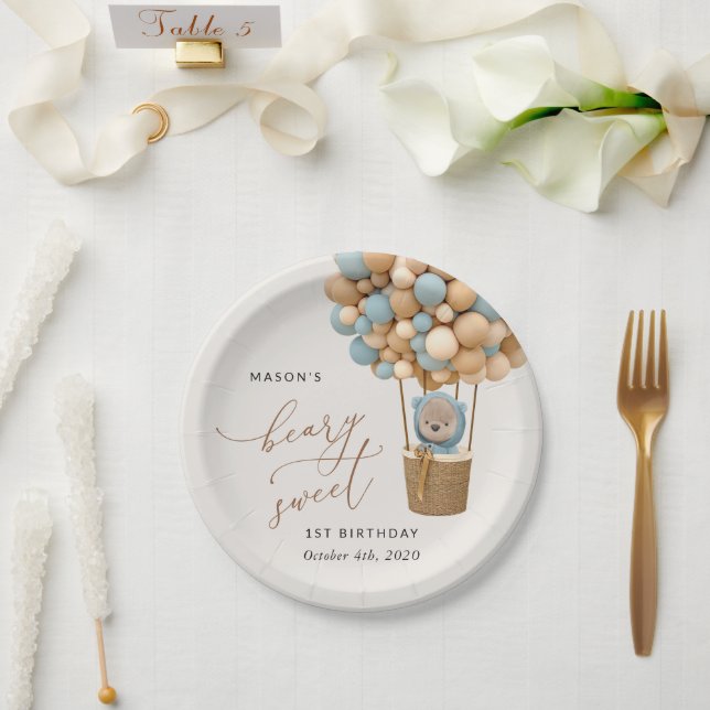 Cute Bear, Blue Balloons, First Birthday Paper Plates (Wedding)