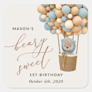 Cute Bear, Blue Balloons, First Birthday Square Sticker