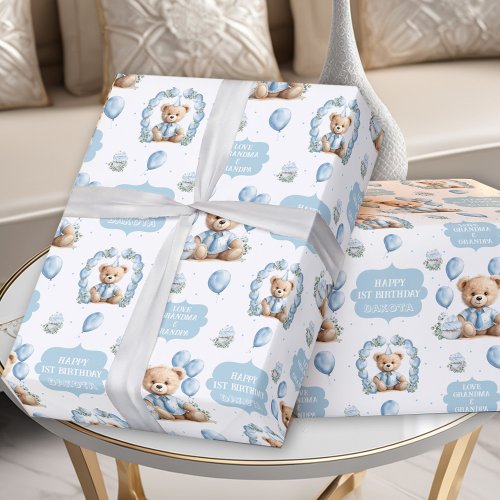 Cute Bear Blue Boy Birthday Name Wrapping Paper