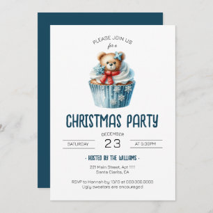 Cute Bear Blue Christmas Party Invitation