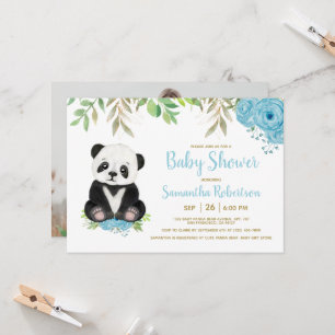 Cute Bear Blue Floral Greenery Baby Shower Photo Invitation