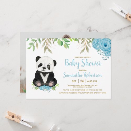 Cute Bear Blue Floral Greenery Baby Shower Photo Invitation