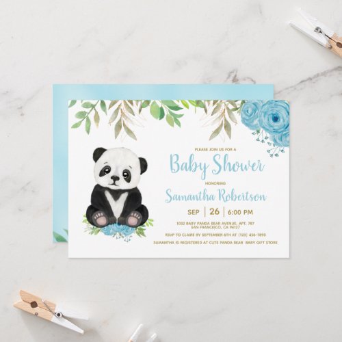 Cute Bear Blue Floral Watercolor Boy Baby Shower Invitation