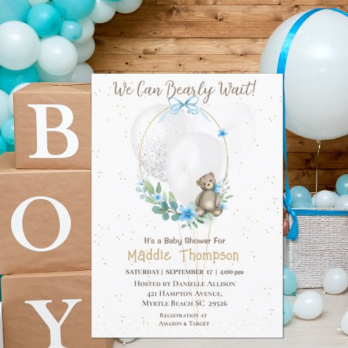 Cute Bear Blue Floral Wreath Boys Baby Shower  Inv Invitation