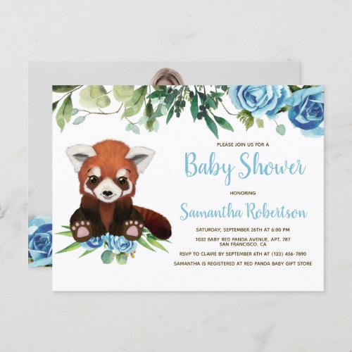 Cute Bear Blue Flowers Boy Baby Shower Photo Invitation Postcard