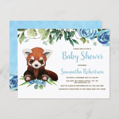 Cute Bear Blue Flowers Greenery Boy Baby Shower Invitation Postcard
