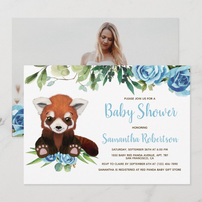 Cute Bear Blue Greenery Boy Baby Shower Photo Invitation (Front/Back)