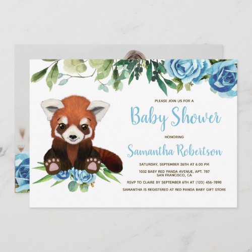 Cute Bear Blue Greenery Boy Baby Shower Photo Invitation