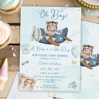 Cute Bear Blue Plane Adventure Oh Boy Baby Shower