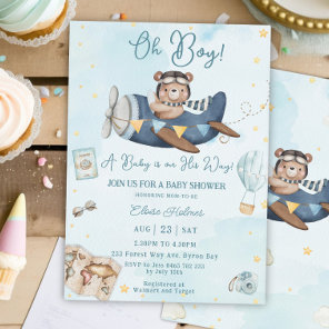 Cute Bear Blue Plane Adventure Oh Boy Baby Shower Invitation