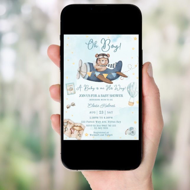 Cute Bear Blue Plane Adventure Oh Boy Baby Shower Invitation (Front Digital)