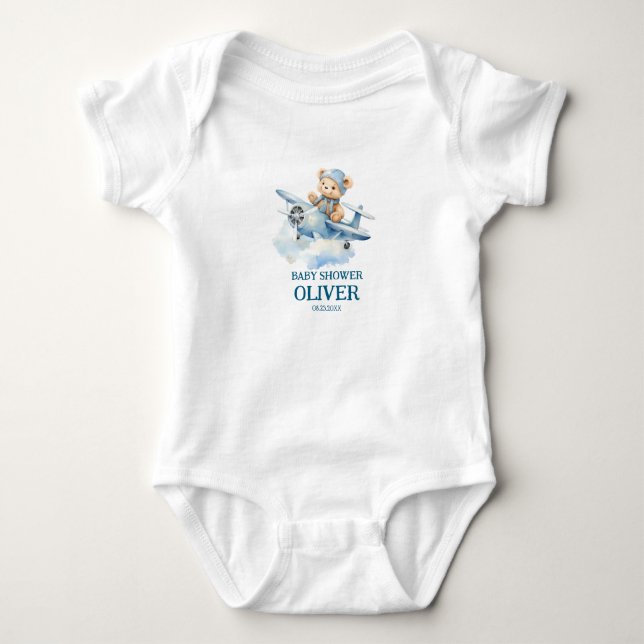Cute Bear Blue Plane Time Flies One 1st Birthday Baby Bodysuit (Front)