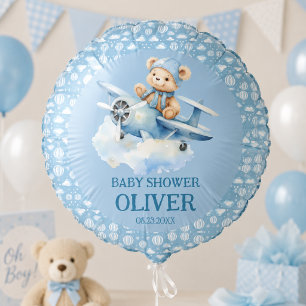 Cute Bear Blue Plane Time Flies One 1st Birthday Balloon