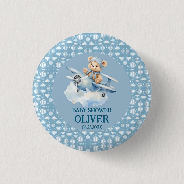 Cute Bear Blue Plane Time Flies One 1st Birthday Button (Front)