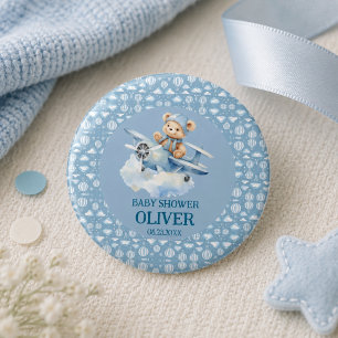 Cute Bear Blue Plane Time Flies One 1st Birthday Button