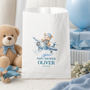 Cute Bear Blue Plane Time Flies One 1st Birthday Favor Bag