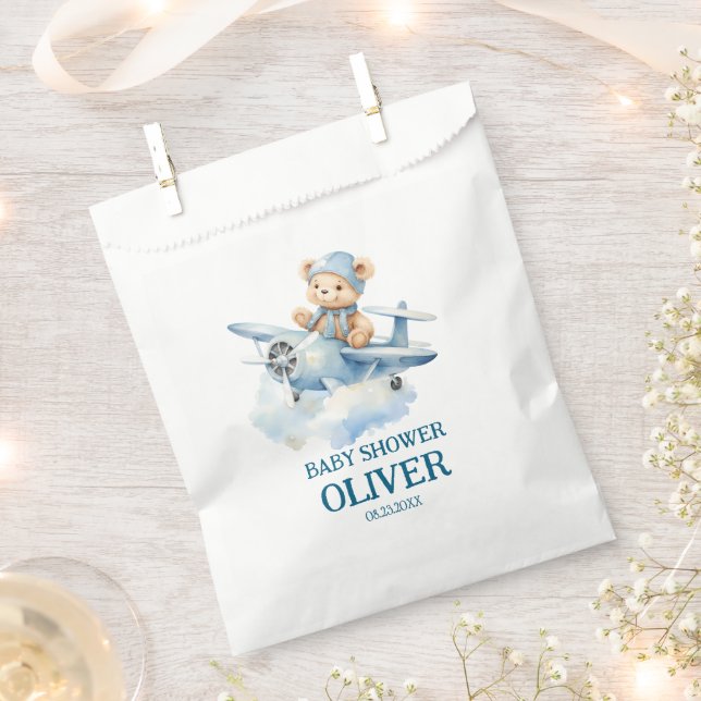 Cute Bear Blue Plane Time Flies One 1st Birthday Favor Bag (Clipped)