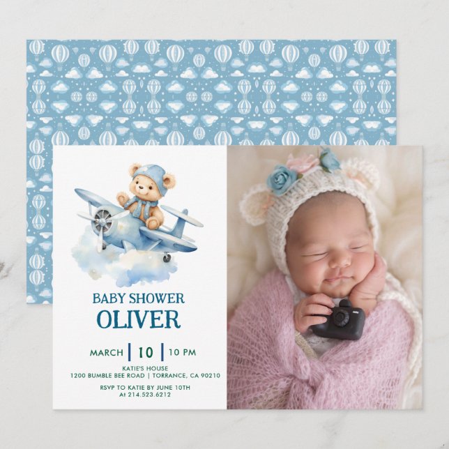 Cute Bear Blue Plane Time Flies One 1st Birthday Invitation (Front/Back)