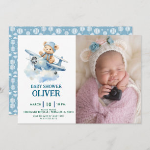 Cute Bear Blue Plane Time Flies One 1st Birthday Invitation