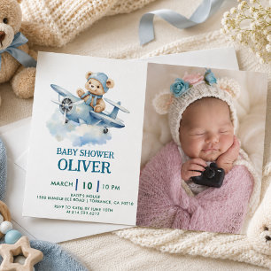 Cute Bear Blue Plane Time Flies One 1st Birthday Invitation