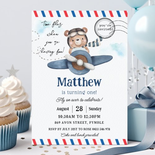 Cute Bear Blue Plane Time Flies One 1st Birthday  Invitation