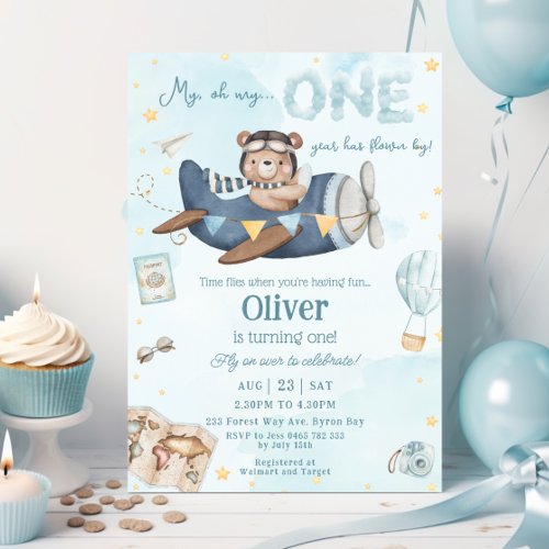 Cute Bear Blue Plane Time Flies One 1st Birthday Invitation