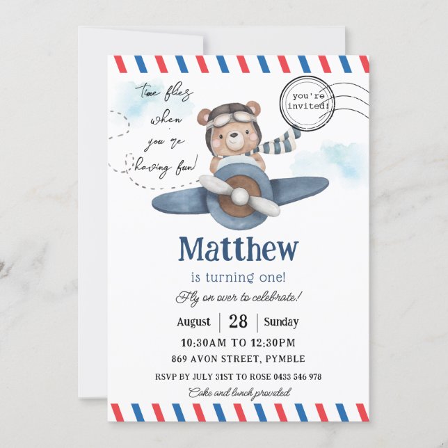 Cute Bear Blue Plane Time Flies One 1st Birthday  Invitation