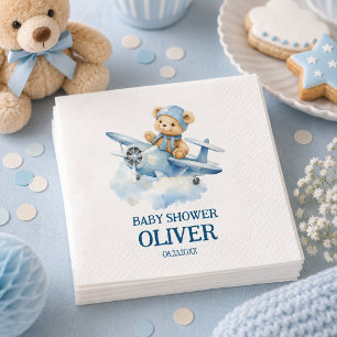 Cute Bear Blue Plane Time Flies One 1st Birthday Napkins