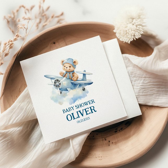 Cute Bear Blue Plane Time Flies One 1st Birthday Napkins (Creator Uploaded)